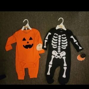ChickPea Orange Pumpkin Set & Black Skeleton Bodysuit